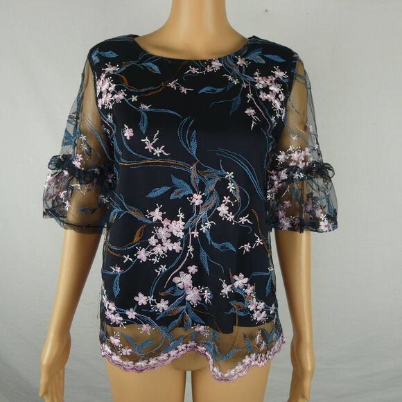 Nanette Lepore Floral Embroidery Embroidered Sheer Overlay Lined Blouse Navy Sm - Picture 2 of 10